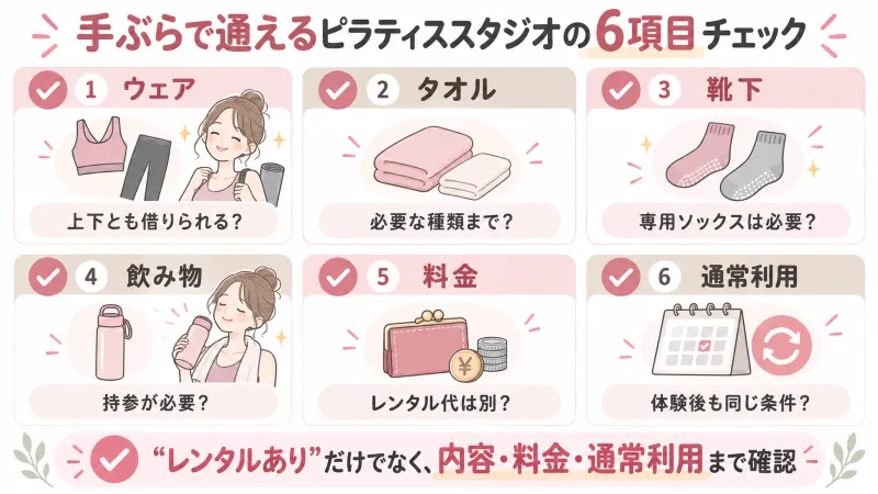 手ぶらで通えるピラティススタジオの6項目チェックリスト