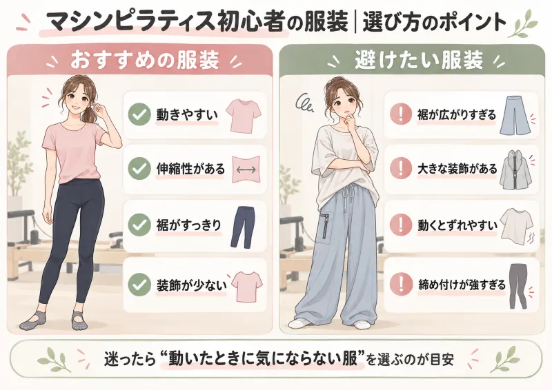 初心者向け「マシンピラティスの服装OK・避けたい服」早見図
